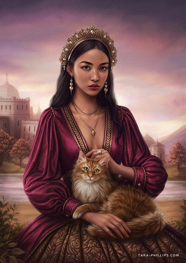 Painting of a woman with a fluffy ginger cat on her lap. She wears a burgundy and gold gown, as well as an assortment of jewellery. On her head rests a gold crown that is inlaid with pearls. Behind her spans a lakeside castle.