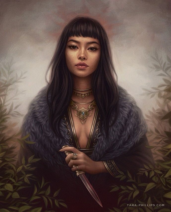 Painting of a woman emerging from a thicket of bushes on a misty day. She wears a blue-grey fur shawl over her black embroidered dress and has extravagant gold necklaces around her neck. In her hand she wields a dagger with a golden hilt.