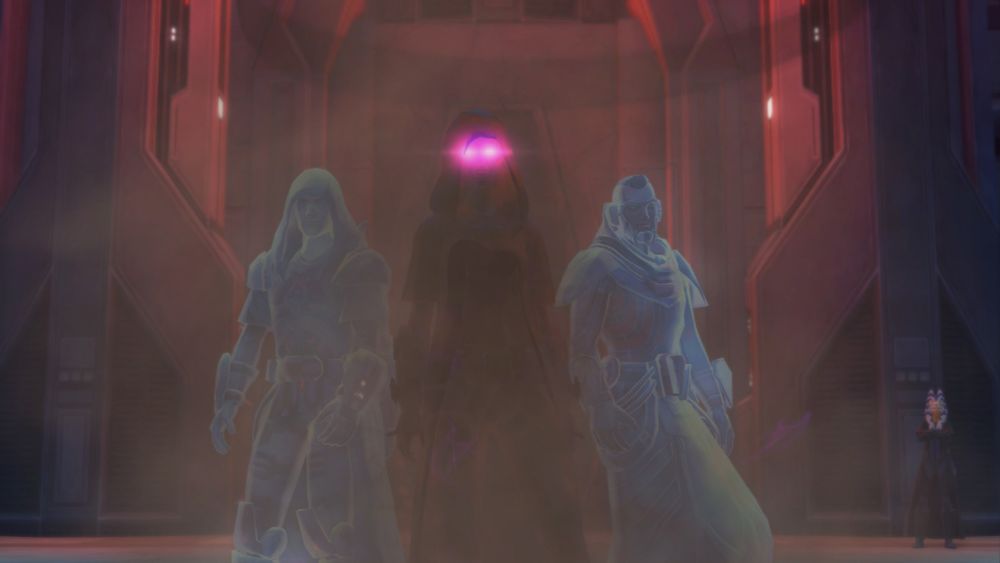 A screenshot from the game Star Wars: The Old Republic during a cutscene in the Sith Inquisitor storyline; the player character is shrouded except for glowing pink eyes and looks straight ahead, flanked by two Sith ghosts