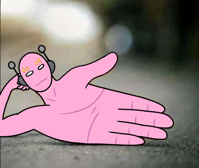 five pebbles from rain world traced over a photoshoped man/hand hybrid posed seductively 