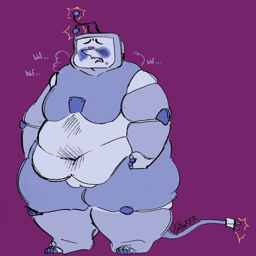 [ID: Colored sketch of Tenna huffing for breath, clenching his fists as he stands upright. His plug tail and antennae both spark electricity. His tummy and exposed flesh are light in colour, while his chest and arms are darker like armored plating. end ID]