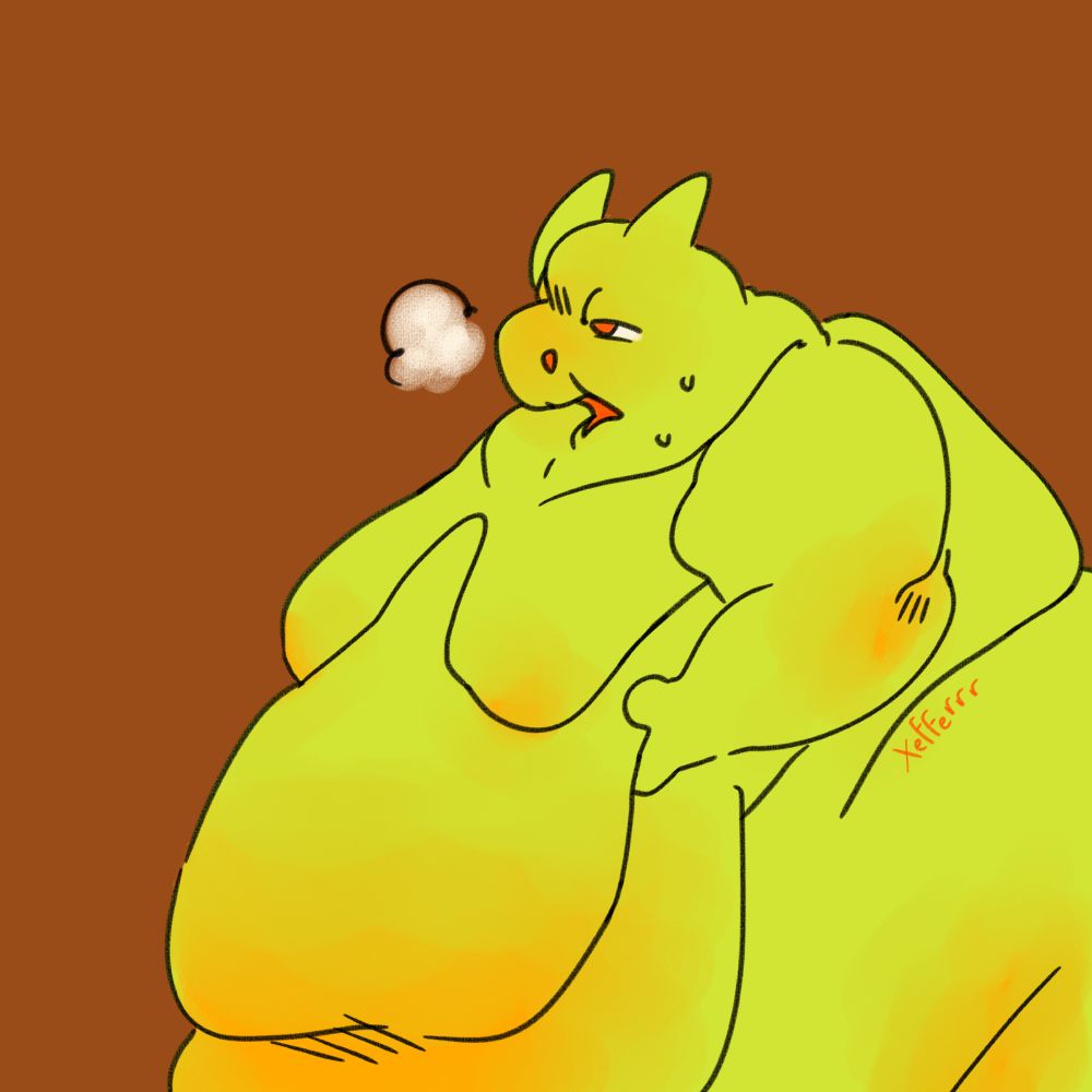 [ID: A green dragon holds up his stomach, sweating, hands digging into the deep folds. He struggles to keep it up, panting. end ID]