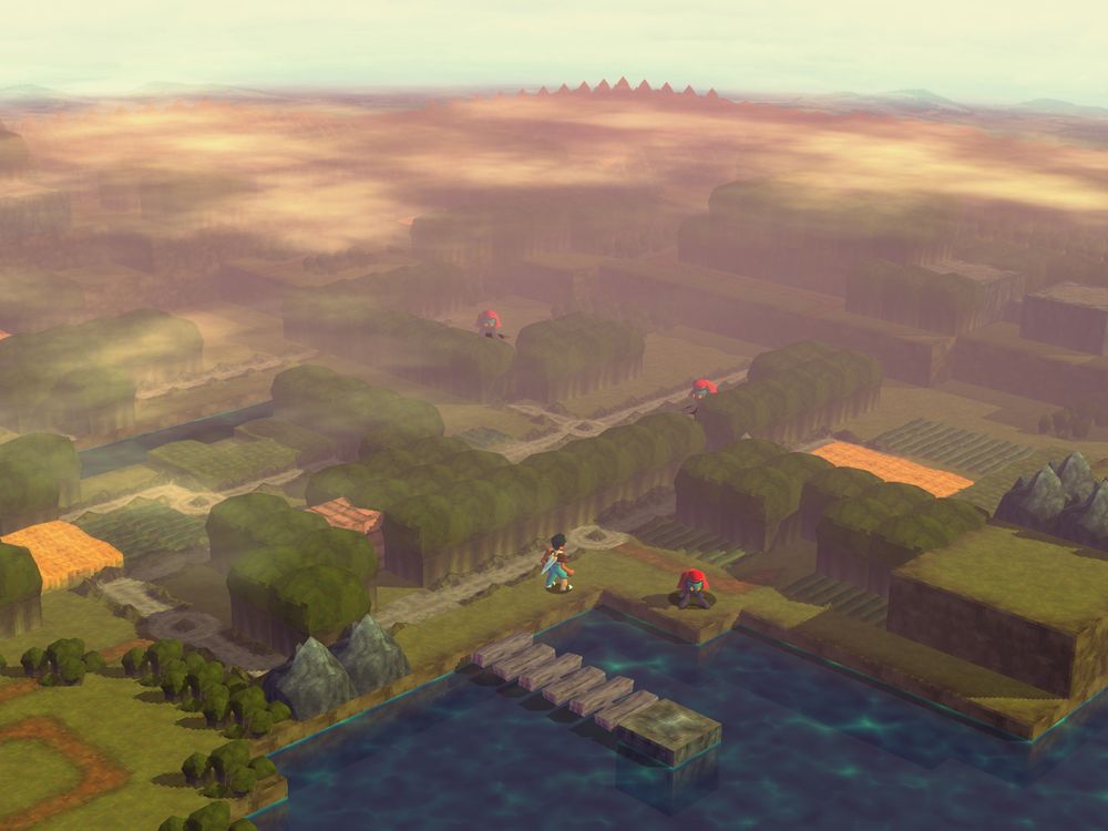 a 3D RPG overworld, trees and grass bathed in warm light and pink morning haze