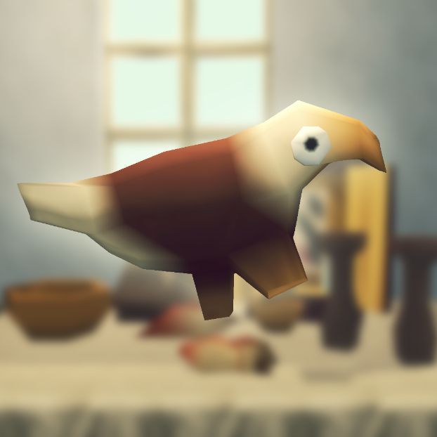 A crude figurine of a bald eagle. There is a blurred background of a bright window overlooking a table of objects