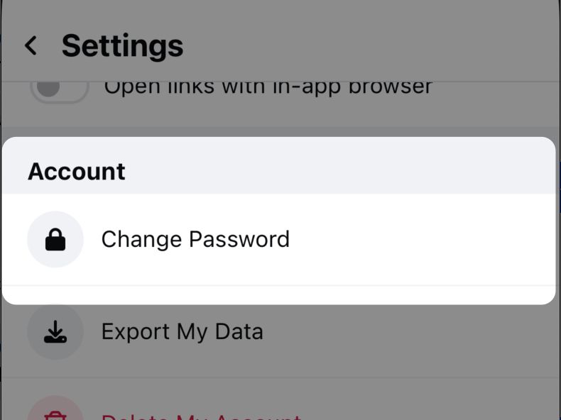 A screenshot of the settings page with the "Change Password" button highlighted

Settings
Open links with the in-app browser
Account
Change Password
Export My Data