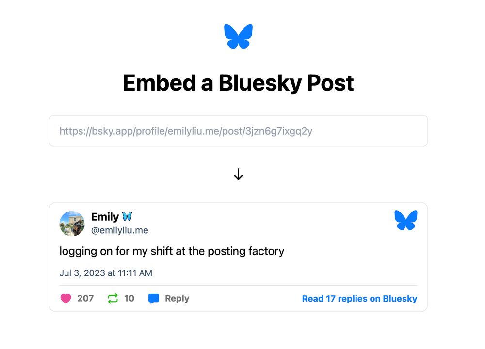 Screenshot of the post embed interface available at embed.bsky.app. There is an input field for the post URL, and an arrow that points to how the embed appears.