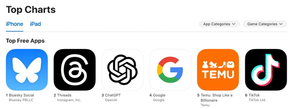 Bluesky Social as the #1 free app in the App Store rankings