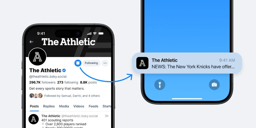 A screenshot demonstrating that you can press the bell icon on a profile to subscribe to push notifications from that user's posts