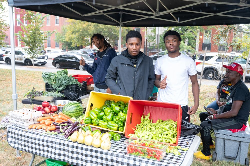 A few men set up a produce stand at the park.