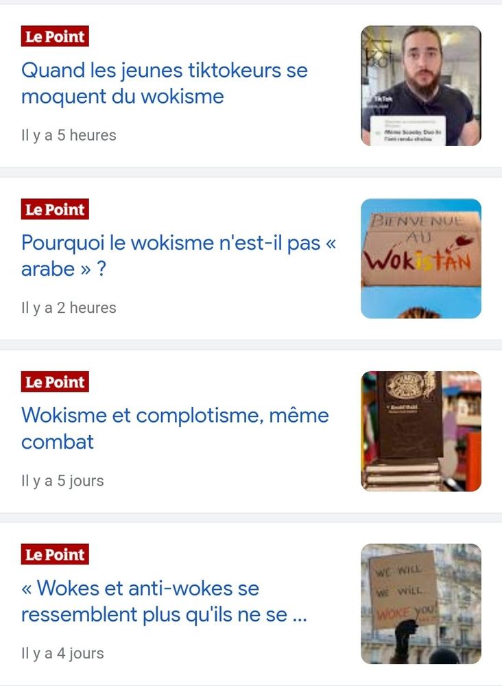 Quatre articles du point en une seule semaine : quand les jeunes tiktokeurs se moquent du wokisme, pourquoi le wokisme n'est-il pas arabe, wokisme et complotisme même combat, woke et anti woke se ressemblent