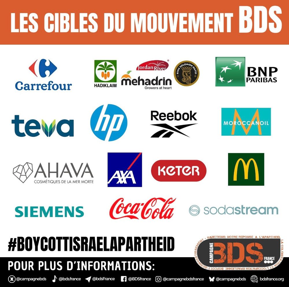 Carrefour, teva, ahava,  siemens, hadiklaim, mehadrin, hp, reebok axa, keyer, coca, bnp, mcdonald, sodastream, morocanoil