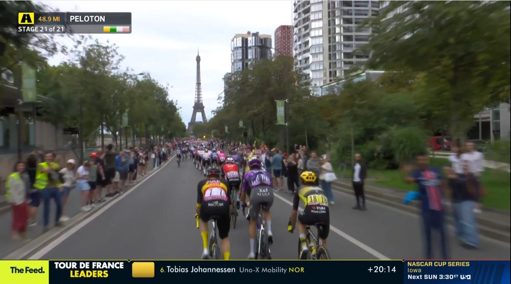 The Tour De France rolling through Paris. The Eiffel tower looms in the distance.