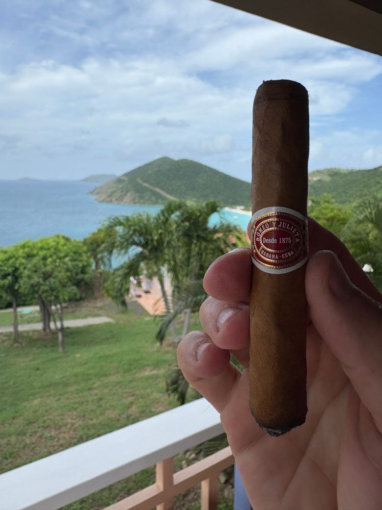 A Romeo y Julieta Cuban cigar with White Bay, Jost Van Dyke in the background. The ocean, mountains, and trees. 