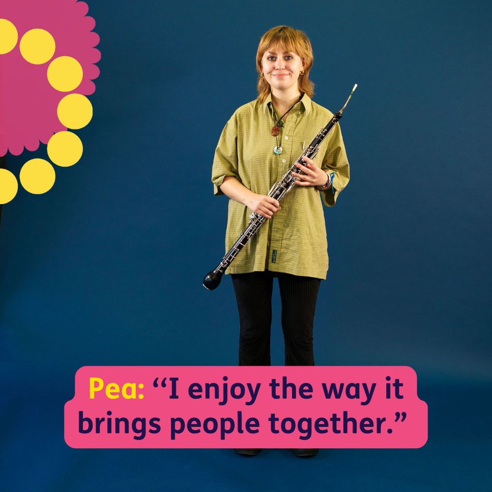 A young musician stands with a cor anglais. Text reads: "Pea: 'I enjoy the way it brings people together.'"