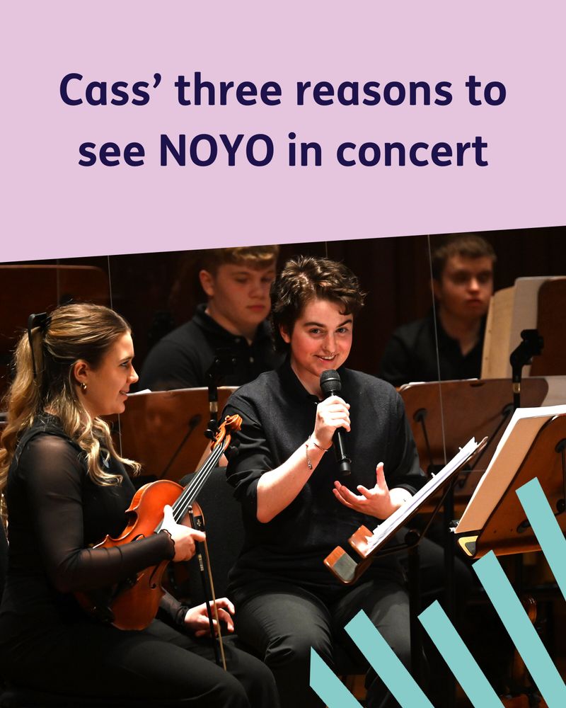 A young musician speaks into a microphone on stage. Text reads: "Cass' three reasons to see NOYO in concert".