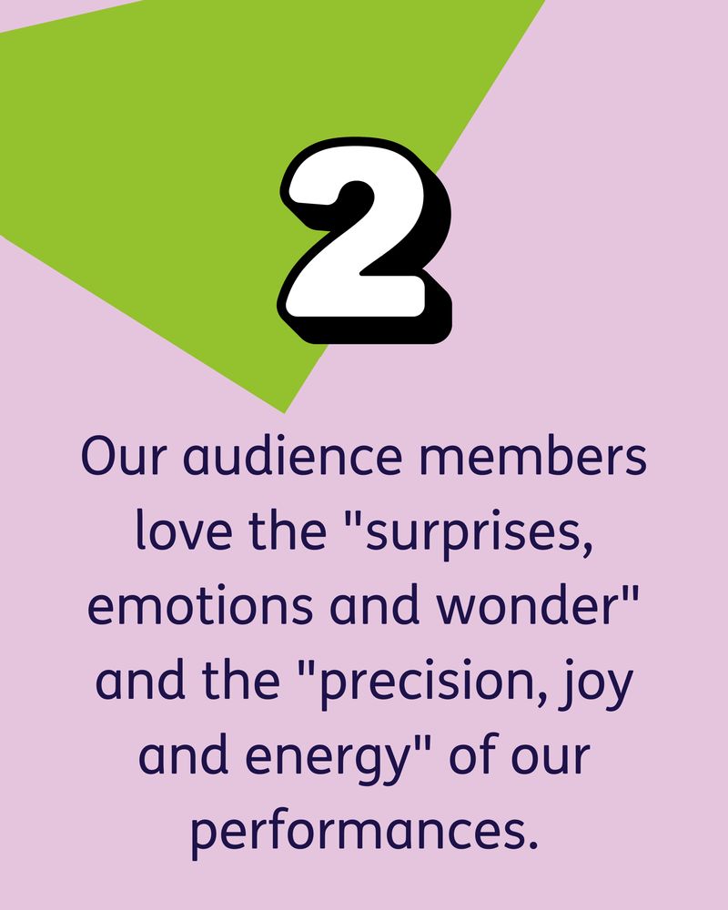 2. Text reads: "Our audience members love the "surprises, emotions and wonder" and the "precision, joy and energy" of our performances."