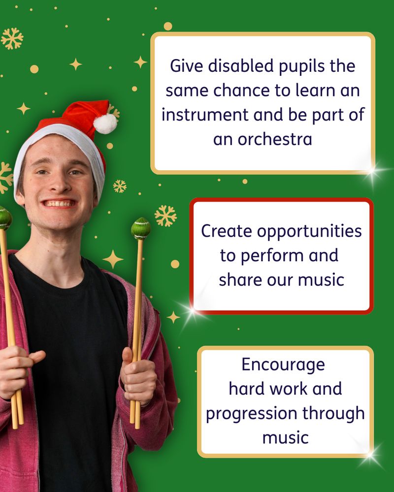 A smiling young musician wears a Christmas hat. The page is green and decorated with snowflakes. Text reads: "Give disabled pupils the same chance to learn an instrument and be part of an orchestra. Create opportunities to perform and share our music. Encourage hard work and progression through music"