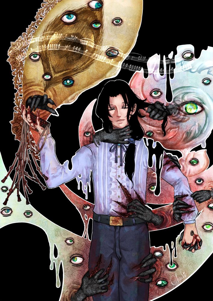 A drawing of a guy with long hair surrounded by a swirl of different pastel colors coalescing in the middle into a blood red. The swirls have eyes made from different materials and there are hands coming out. The guy holds hands with one, while another yanks on his hair, and another drops a bloody whip in his other hand. 