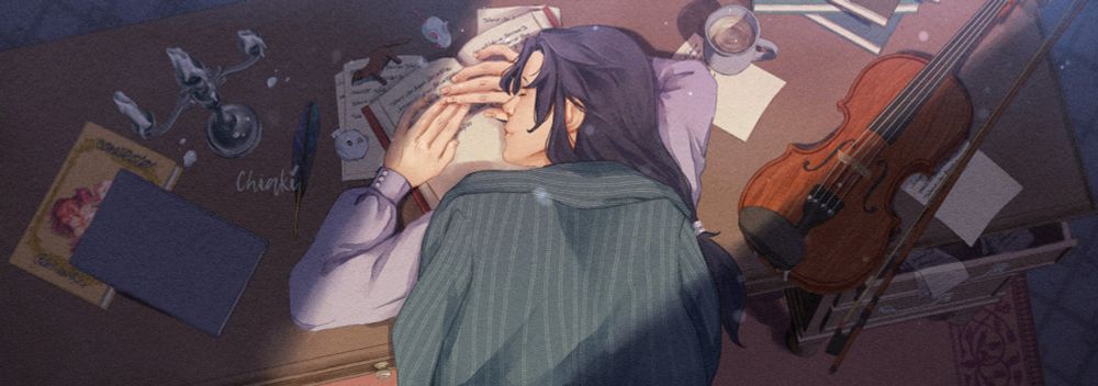 Drawing of a young man with long hair tied in a low ponytail falling asleep on an opened book at his desk. There's a pinstripe coat draped on top of him. On the desk, there are books and other papers around. A toy mouse, weasel and bird can be seen near him. On the upper right side, there's a mug with some tea in it. There's a violin and a violin bow on the lower right side of the desk. On the upper left corner there's a candle stand with the candles blown out and wax dripping on the table. It's a night scene with a warm light beam from an opened door offscreen shining light upon him. 
