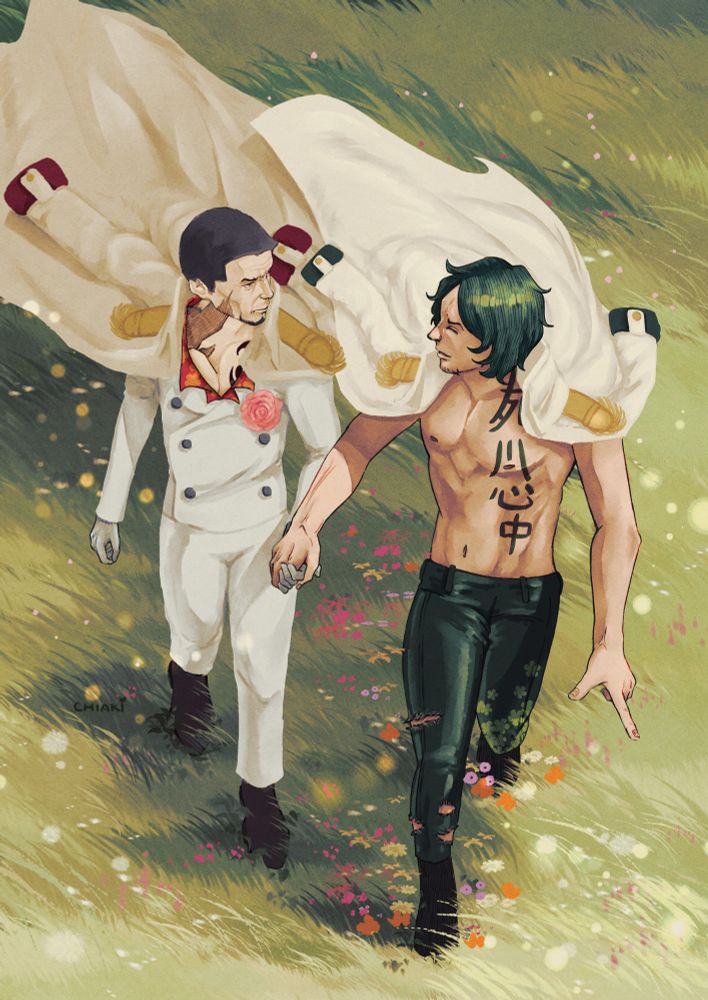 A drawing of two charactes from the manga series One Piece, Sakazuki and Aramaki, holding hands walking across a wind blown field of flower. Their cloak is flying in the air. Aramaki is pointing at something offscreen