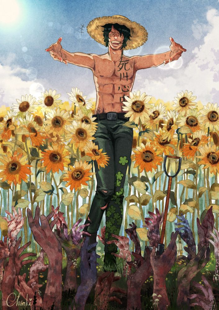A drawing of Aramaki from One Piece wearing a straw hat in a field of sunflower. He's smiling and opening his arms toward the viewers. Next to him is a shovel, on the ground, multiple hands come up like plants.