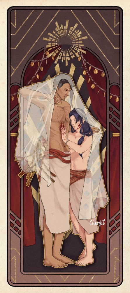 A tarot-like drawing of two men huddling under a sheer white fabric. The shorter one has long hair and blood on his face and hands. He's holding onto a whip. The background is dark with crimson curtains on either side and a sunburst over them. There's chain with gold coin dangling on the curtains