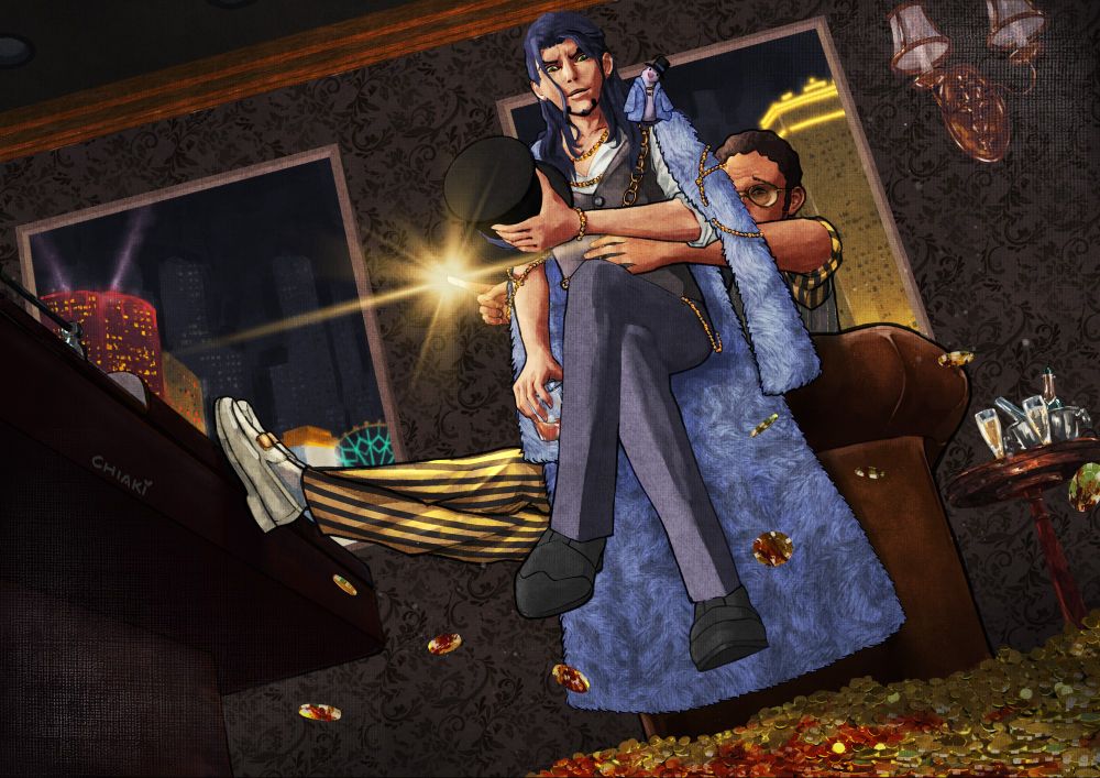 A drawing of Rob Lucci and Borsalino from the manga series One Piece. Lucci is sitting on the arm of the armchair holding his hat, Borsalino sits on the chair with one arm around his waist pointing toward the viewer with a light beam. There's a pile of bloody gold casino chips at their feet.