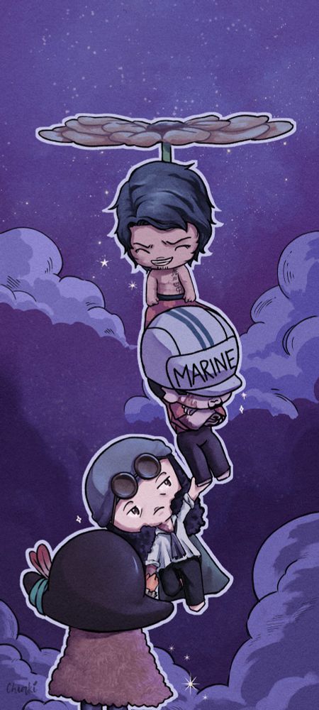 A drawing of 4 stylized chibi characters from One Piece series. Aramaki holds a dangling Sakazuki, and Kuzan hangs onto Sakazuki's ankle with one hand while he is holding Teach with other hand. The background is a night time purple-ly color with some clouds.