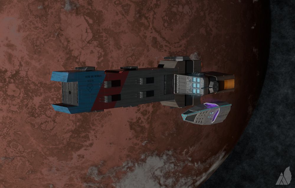 Port view of the ship with another smaller ship alongside it. The smaller ship is about 1/3 the size of the larger one, mostly light grey with darker details. It's back dection has blue and purple glowing details.