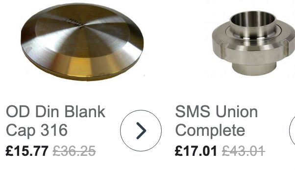 Image of a smooth metal cap labelled OD Din Blank Cap 316, and a coupling labelled SMS Union Complete