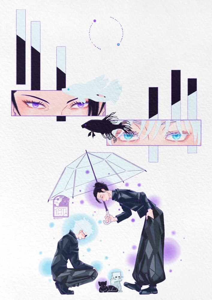 a figure with white hair squats while a second figure with black hair holds an umbrella over them and two cats. above are two frames, one with purple eyes and the other with blue. two betta fishes swim in front. and just above the bettas is a circle made in morse code that read "satoru" and "suguru."