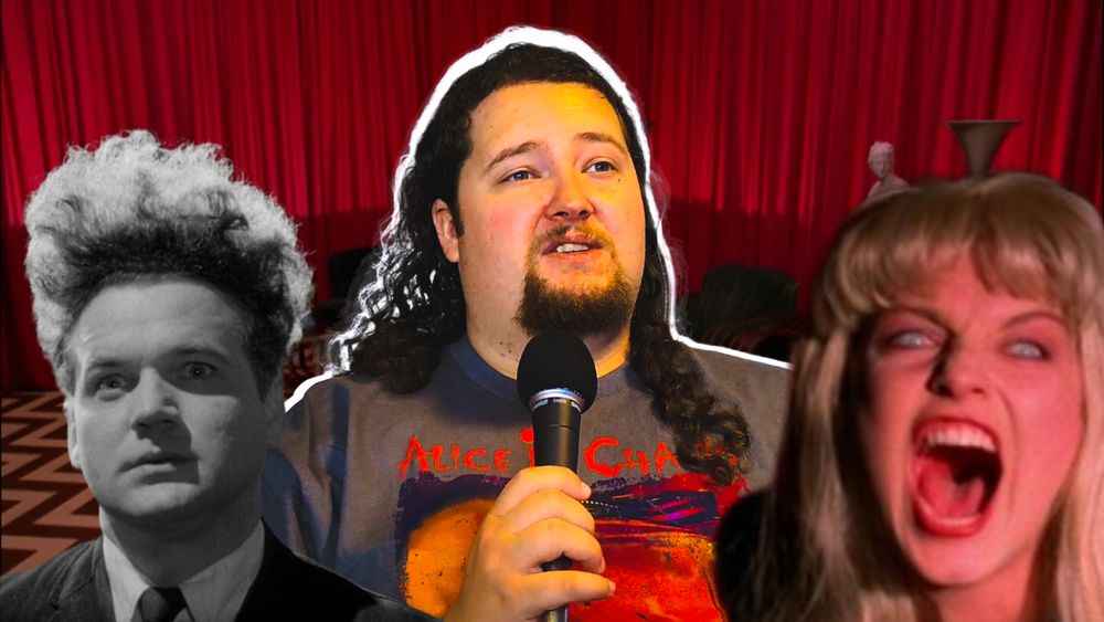 Three people in the Red Room from Twin Peaks. From left to right: Henry from Eraserhad, Daniel from Eyebrow Cinema, and Laura Palmer screaming.
