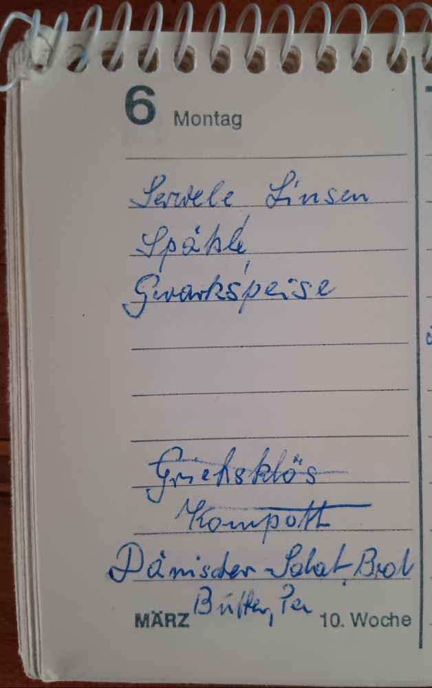 Ausschnitt aus dem Kalender der Köchin eines Freiburger Altenheims zum 6. März 1978. Was es damals zu essen gab, steht im Post.