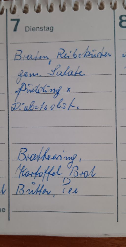 Ausschnitt aus dem Kalender der Köchin eines Freiburger Altenheims zum 7. März 1978. Was es damals zu essen gab, steht im Post.
