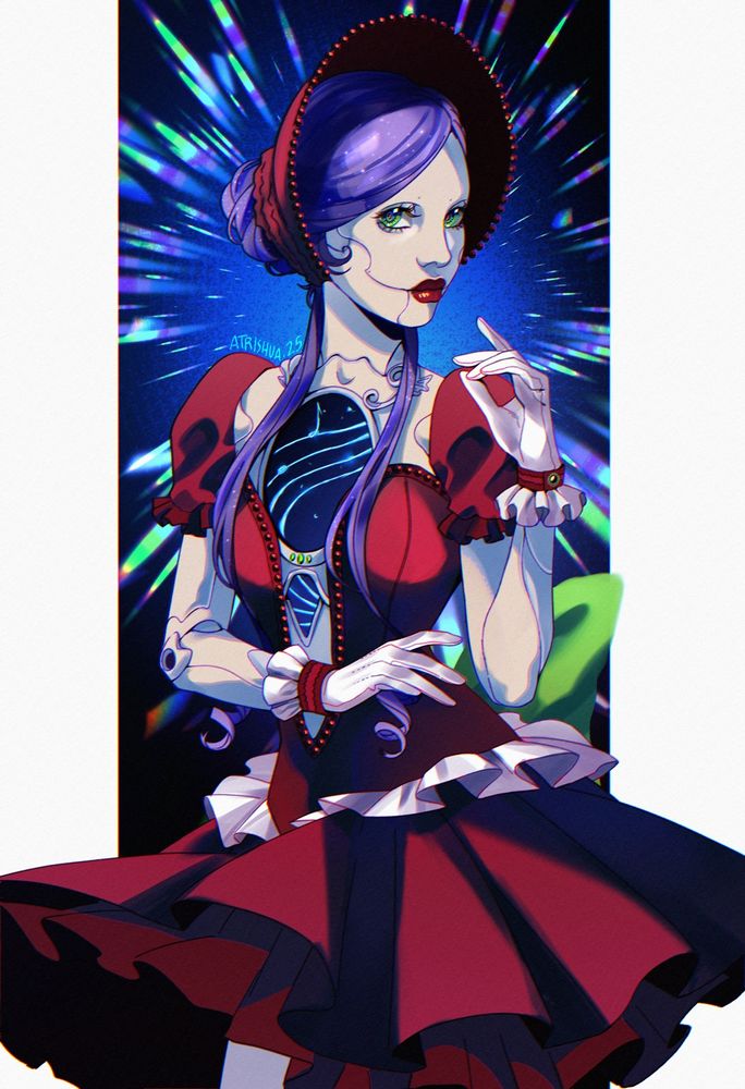 ArtFight 2025 piece! A feminine-looking robot, built like a doll and dressed in a striking red frilly outfit. There's a hollow in her chest where musical notes can be seen.