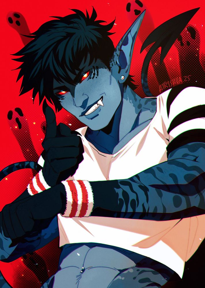 Halfbody of Gaegral's character for this year's Artfight (2025). He's looking at the camera with a big smile, with a brigh red background that makes his blue color palette pop.