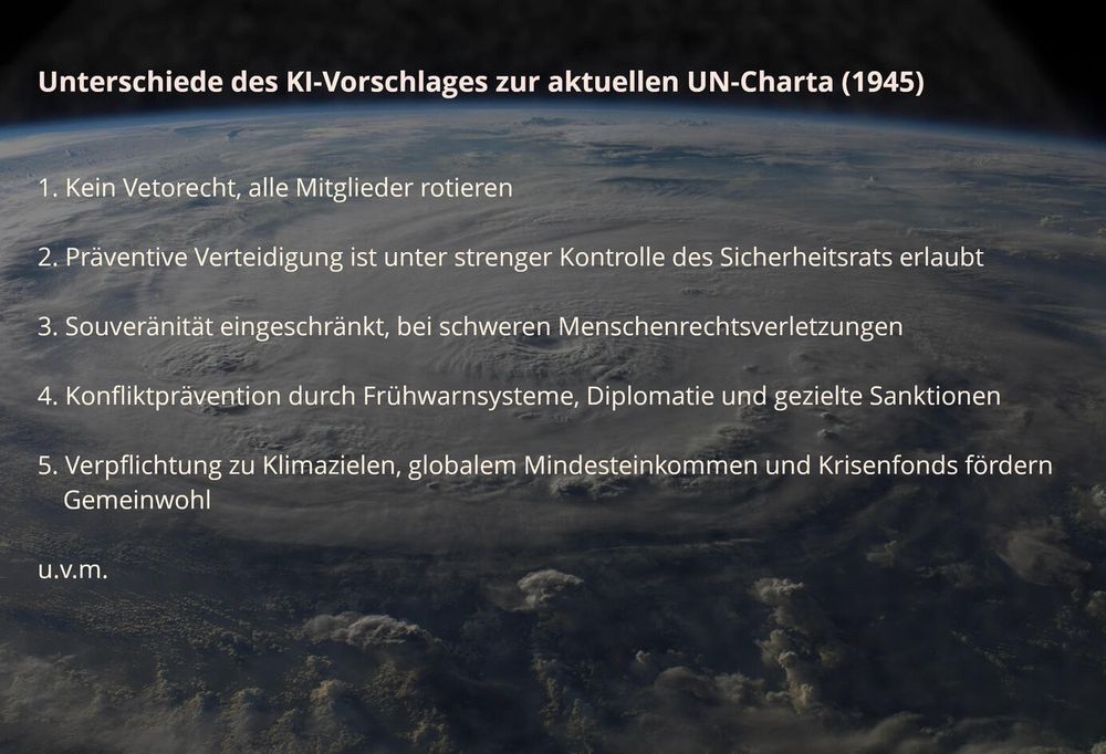 Bild der Erde aus dem All. Darüber der folgende Text als Overlay:

Unterschiede des KI-Vorschlages zur aktuellen UN-Charta (1945)

1. Kein Vetorecht. Alle Mitglieder rotieren

2. Präventive Verteidigung ist unter strenger Kontrolle des Sicherheitsrats erlaubt

3. Souveränität eingeschränkt, bei schweren Menschenrechtsverletzungen
   
4. Konfliktprävention durch Frühwarnsysteme, Diplomatie und gezielte Sanktionen

5. Verpflichtung zu Klimazielen, globalem Mindesteinkommen und Krisenfonds fördern Gemeinwohl
   
u.v.m.
