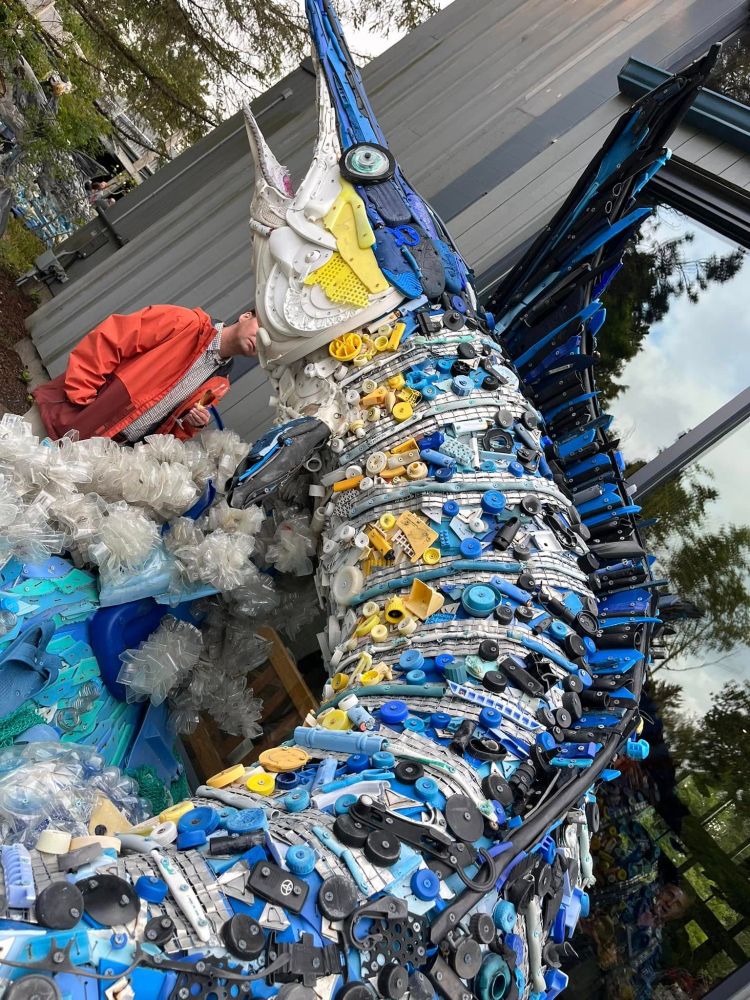 Huge sculpture of a swordfish made from thousands of plastic items that washed up on beaches.