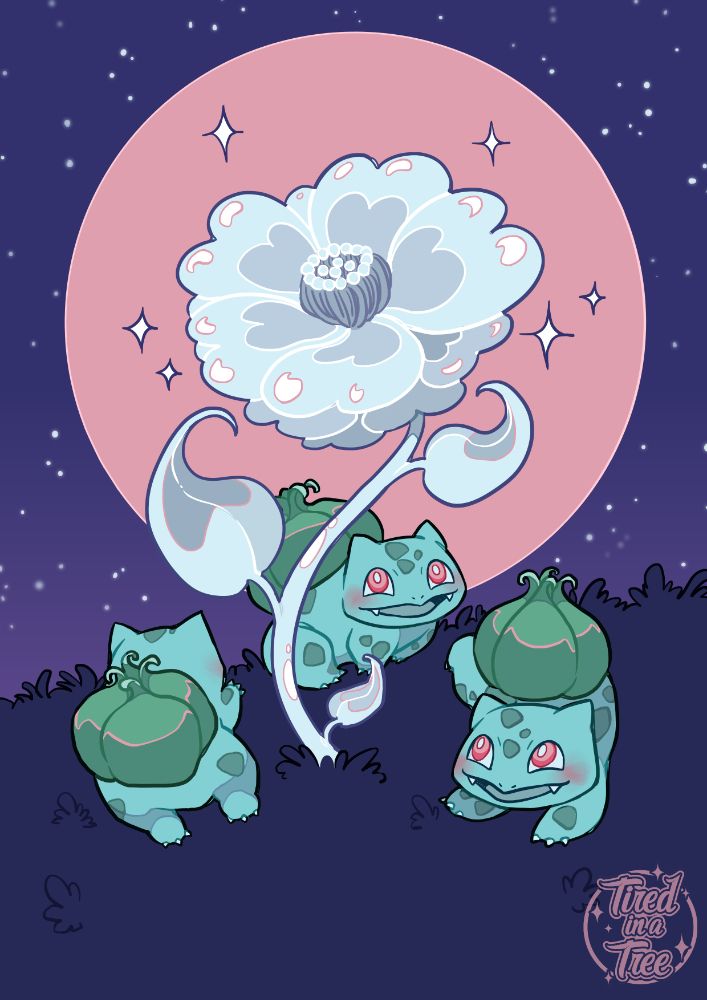Three bulbasaur are skipping around a shiny white flower. In the background is a huge pink moon.