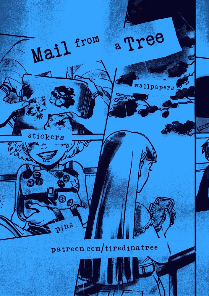 A flyer for Mail from a Tree made to look like it was made with a copy machine. The first panel says "stickers" and shows someone with a notebook covered in stickers on their lap. The second panel says "pins" and shows a girl gleefully hugging her bag that's filled with pins. The third panel says "wallpapers" and shows a girl checking out her phone, which uses one of the wallpapers. It then lists the url.