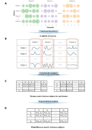 (A) Suppose there are n subjects sampled at k time points respectively, and each sample of subjects has m features. The different sizes of the circles represent different sizes of abundance. (B) This table is a pseudo-matrix composed of curves, each representing the change in abundance of a certain feature of a subject during the sampling time points. (C) A series of distance matrices, each representing the distance between each subject in a different feature dimension. (D) The final distance matrix between each subject.
