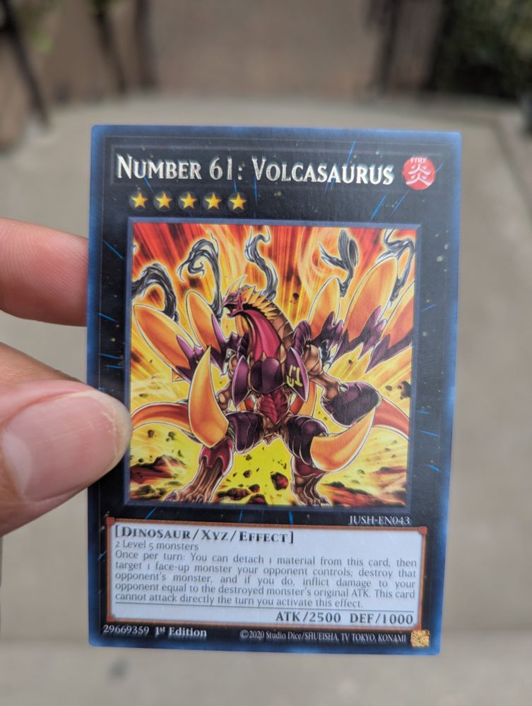 Number 61 volcasaurus Yu-Gi-Oh card JUSH-EN043 Google the rest u lazy fuck 