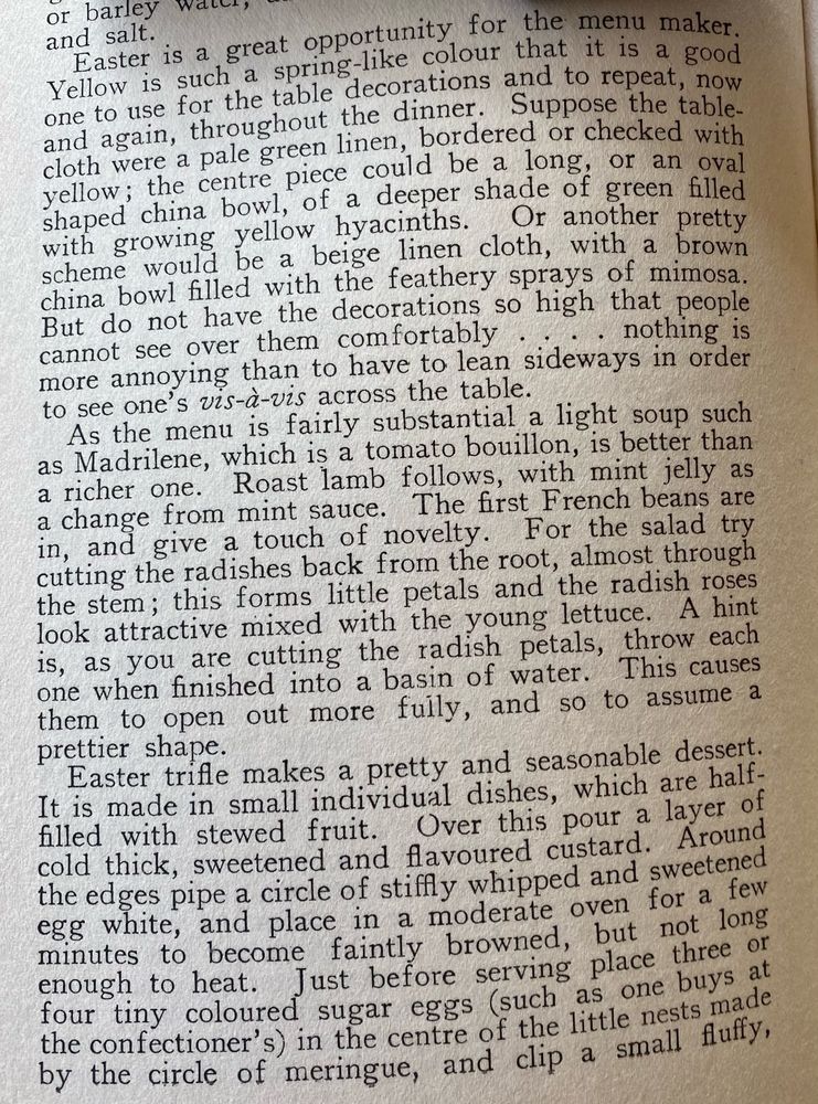 Description of a table set with linen and flowers for Easter and suggestions for an Easter menu