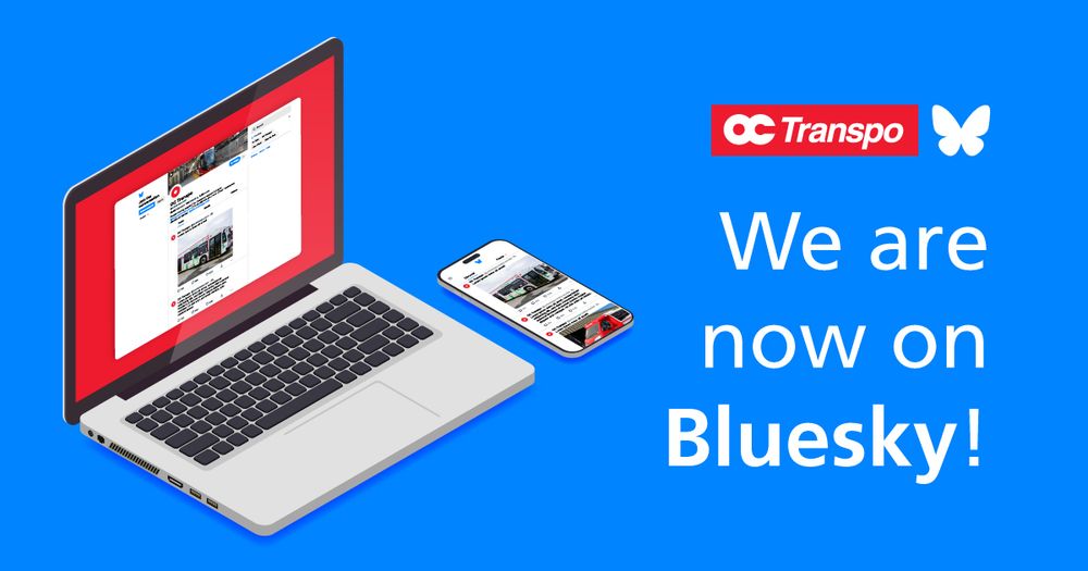 Laptop and cell phone displaying OC Transpo's Bluesky social media page on a bright blue background with announcement text. 