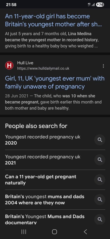 A page of searches for "Youngest recorded pregnancy UK" including details of a girl who was 10 when she became pregnant. 
