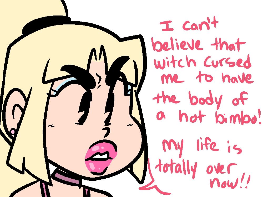 Closeup of a cartoon bimbo

"I can't believe that witch curses me to have the body of a hot bimbo! My life is totally over now!!"