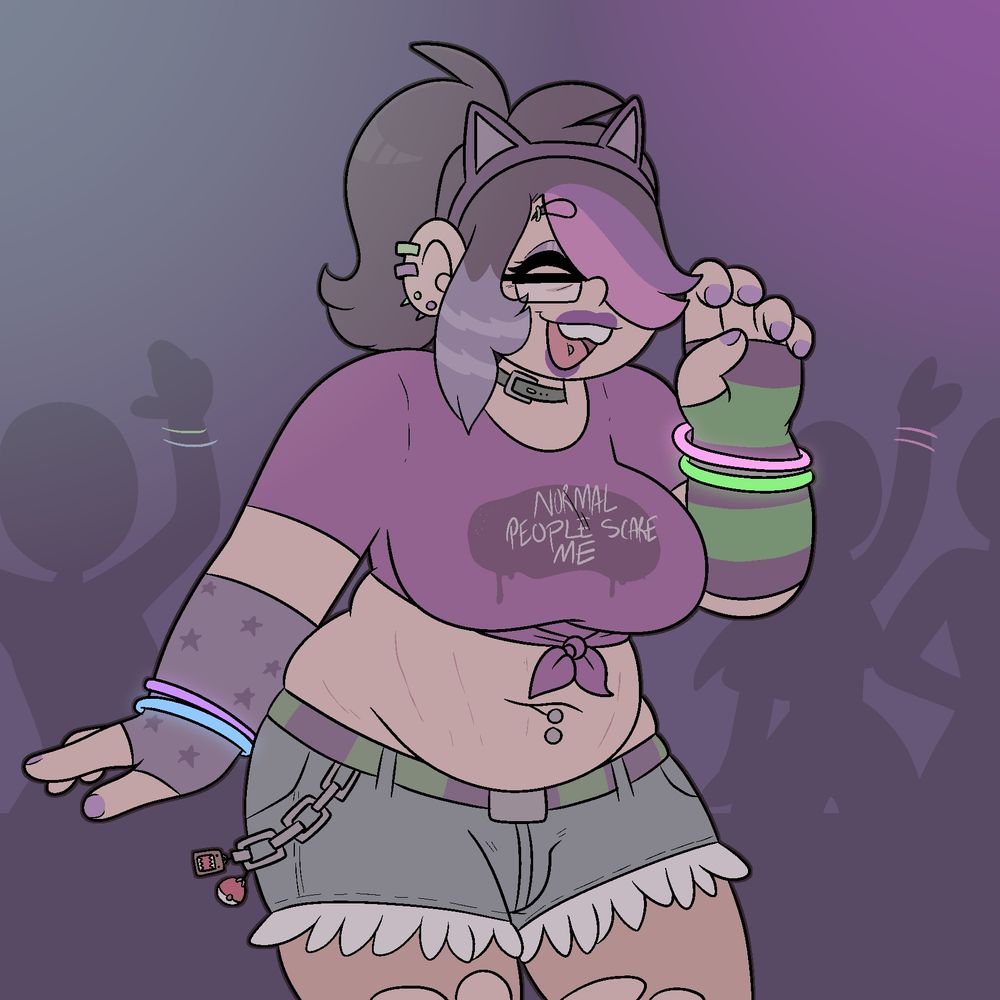 Scene/alt Ash dancing at a dimly lit rave