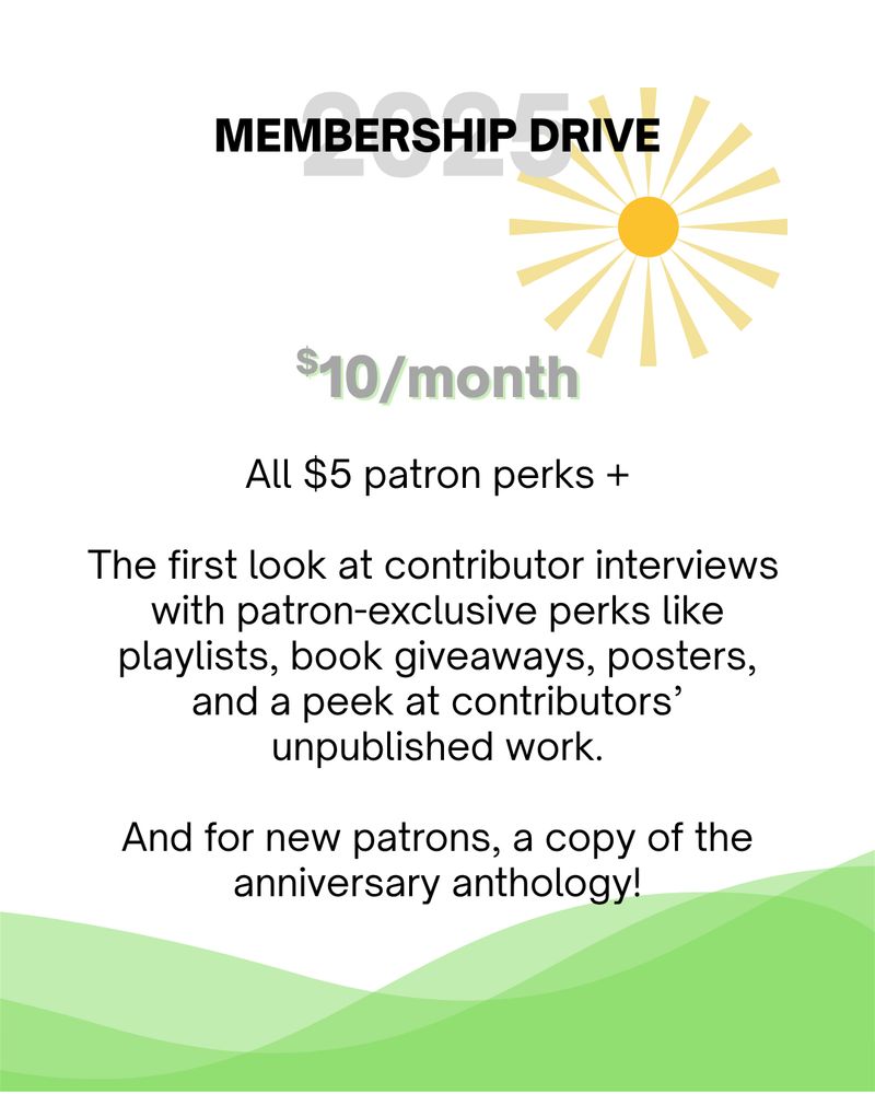 Slide 4 is a list of perks for patrons who donate $10 per month. The perks include all $5 patron perks; the first look at contributor interviews with patron-exclusive perks like playlists, book giveaways, posters, and a peek at contributors’ unpublished work; and for new patrons, a copy of the anniversary anthology.