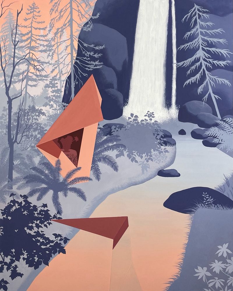 Painting of a monochromatic blue waterfall and forest scene, with an orange sky and two orange polygon figures cavorting in the landscape. One is shading its face, and the lower one is climbing out of the creek flowing down from the waterfall—into a tangle of blackberry vines.