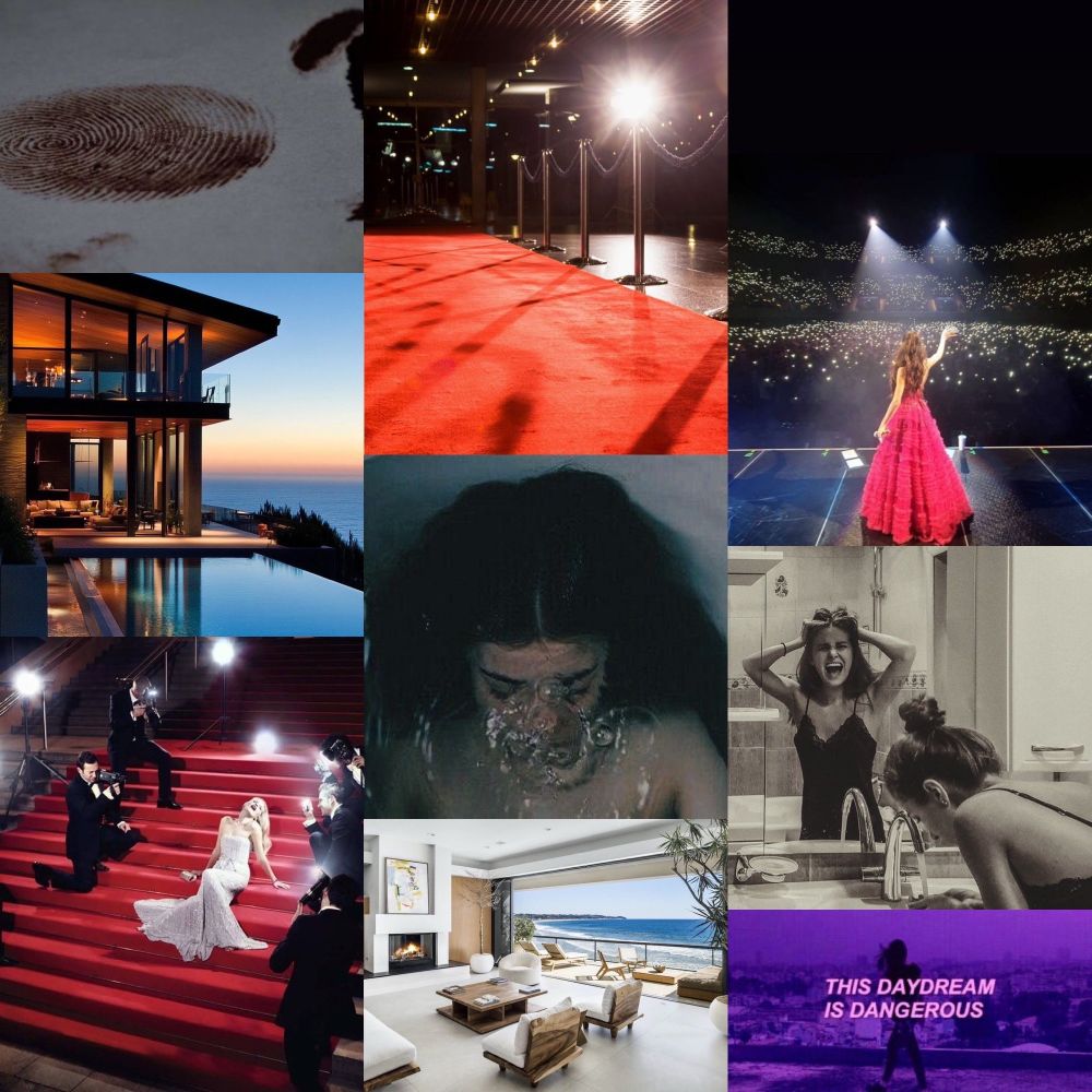 A collage of images including a bloody fingerprint, a red carpet, a girl in a bathtub; an infinity pool overlooking the ocean, a living room, a starlet on the red carpet.